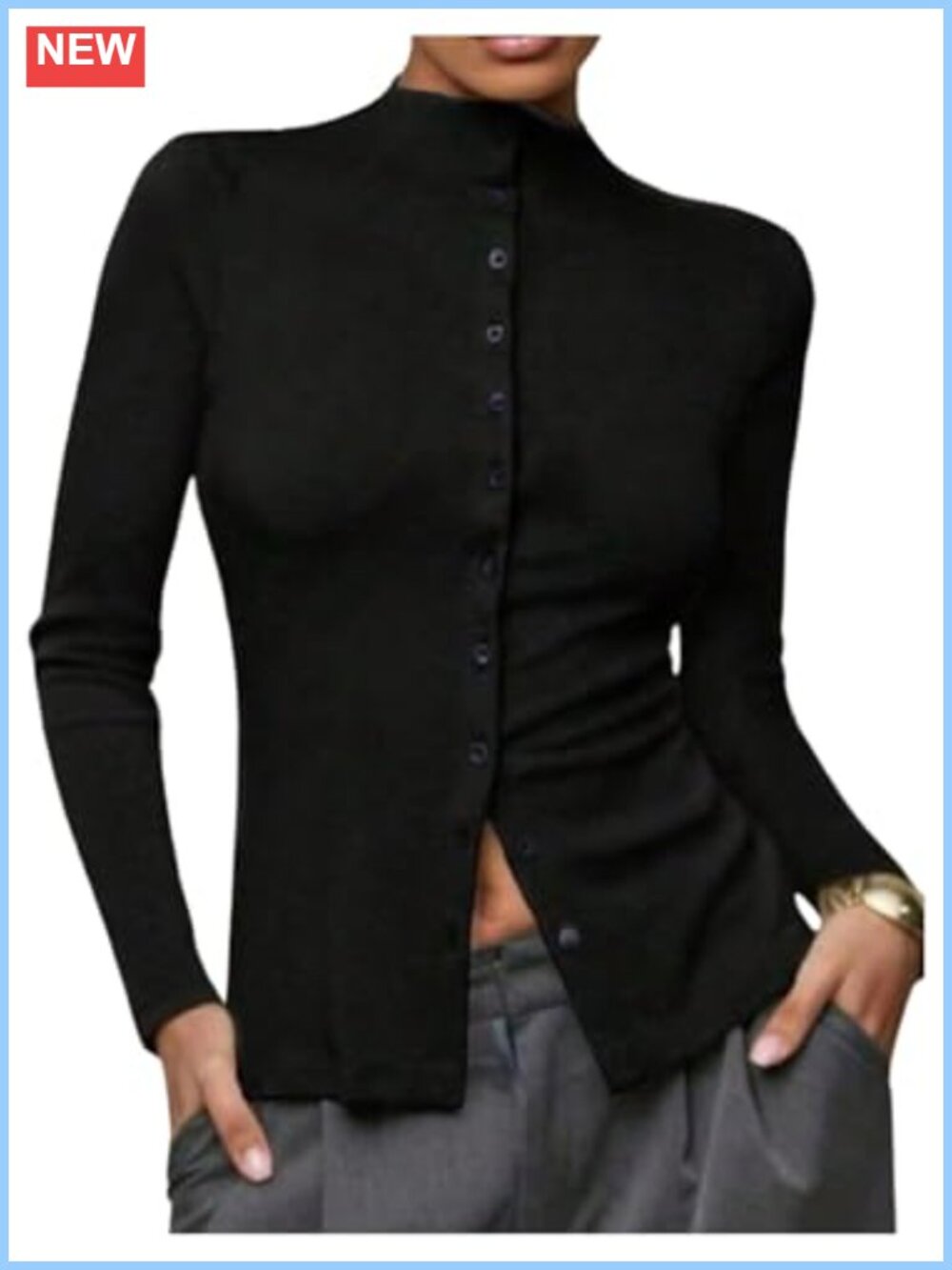 Mock Neck Button Down Long Sleeve Slim Fit Tee Top